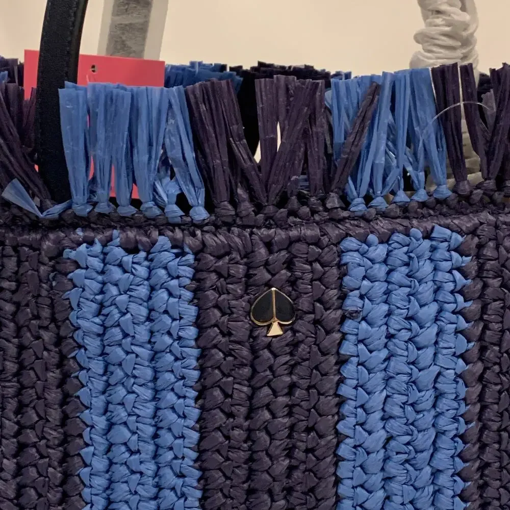 NWT Kate Spade Sam Blue & Navy Striped Straw Medium Satchel
